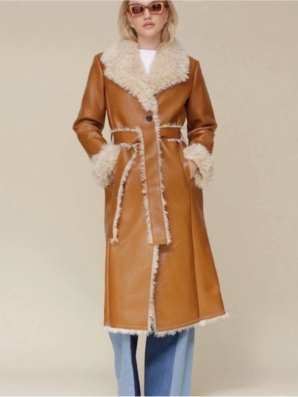 Avec Les Filles Belted Faux Leather and Shearling Coat - VERY RARE!!